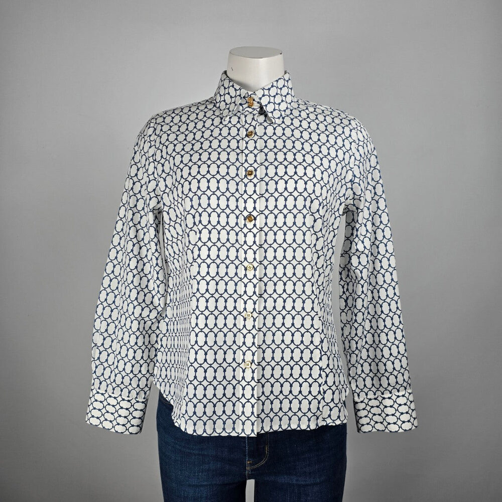 Talbots Petites White Chain Print Cotton Button Up Blouse Top Size 8p